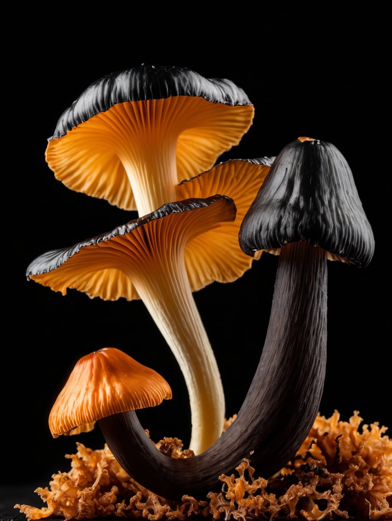 Macro photo of a black chanterelle mushroom, isolated, black background