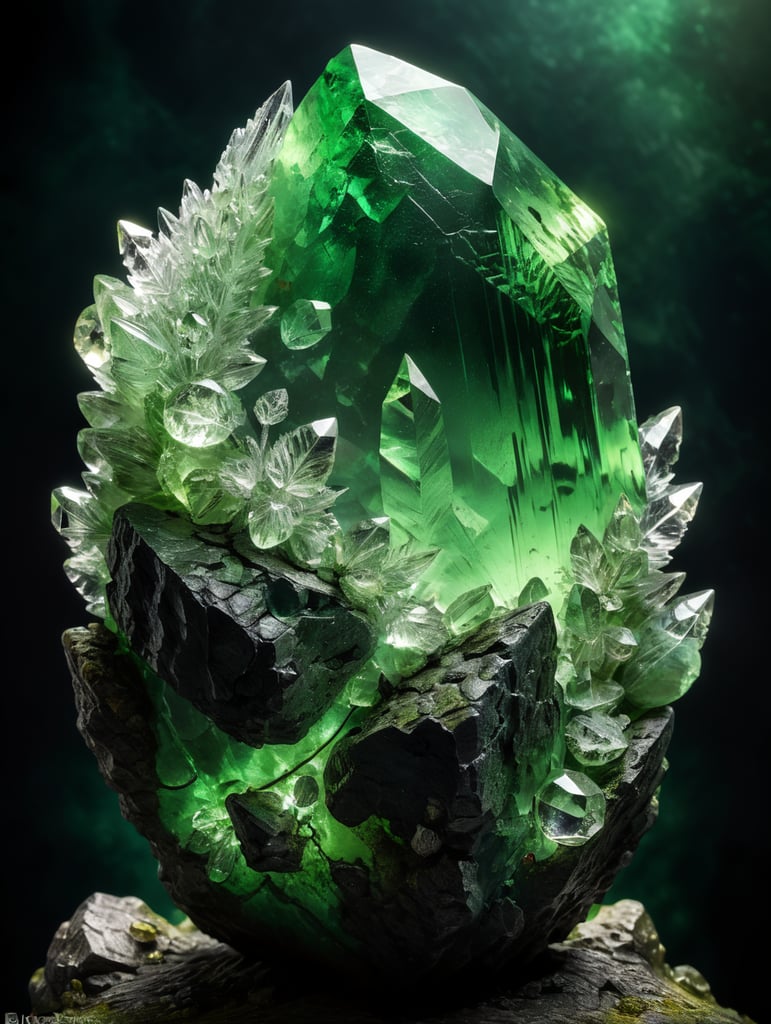 single solid glowing green Rock crystal on a dark background, macro photography