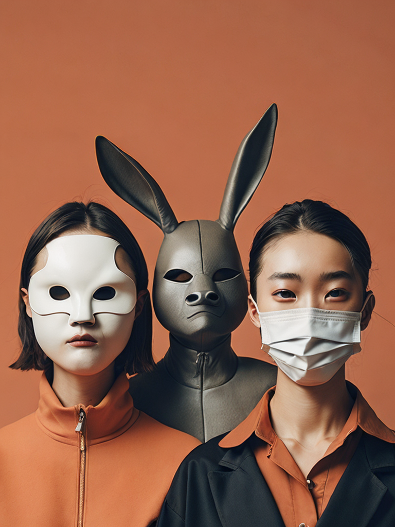 an illustration of people who are standing with two masks on, in the style of ren hang, naive childlike, medicalcore, depiction of animals, alex gross, polychrome terracotta, bunnycore