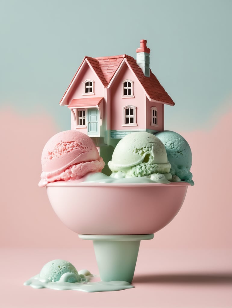 icecream scoop in the shape of a house. more ice cream melting