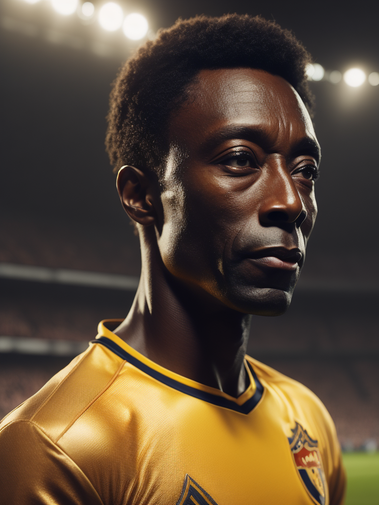 Pele's portrait in a golden football uniform, bright and saturated colors, highly detailed, fashion magazine, sharp focus, Dramatic Lighting, Depth of field, Incredibly high detailed, blurred background