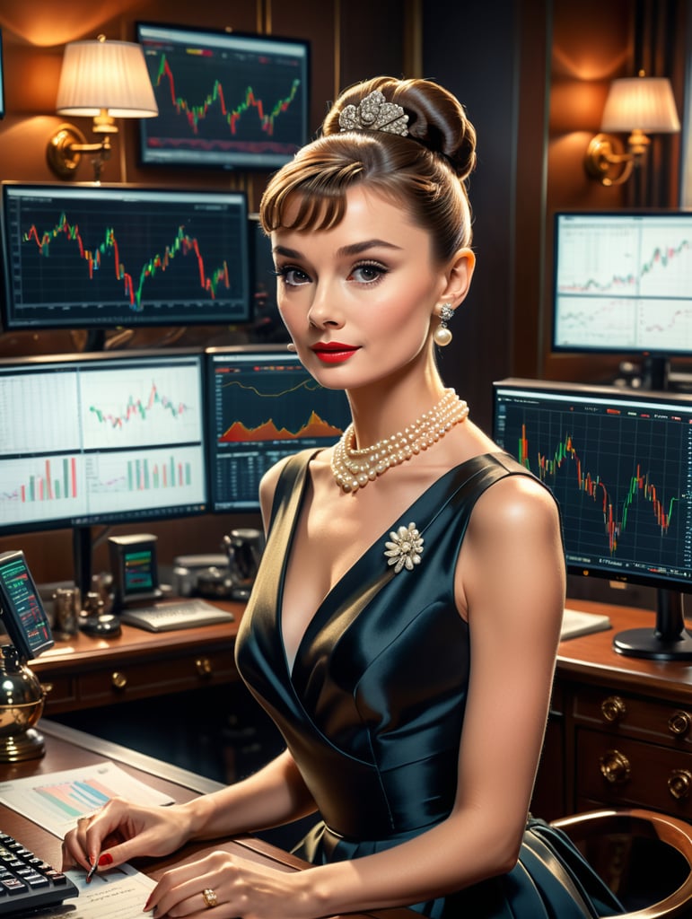 A stunning portrait of Audrey Hepburn as a successful and confident professional trader in her 30s. She is seated at a sleek trading desk, surrounded by multiple monitors displaying financial data and charts. Audrey is elegantly dressed in her iconic style, with her hair swept up in a chic chignon and her signature pearls. Her eyes are focused intently on the screens as she analyzes market trends, her lips curved into a subtle smile. The room is bathed in a warm, golden light, highlighting the intricate details of her clothing and the luxurious furnishings. The overall effect is one of sophistication, intelligence, and quiet determination.