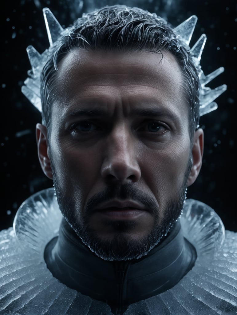 Portrait of a Translucent man made from the ice, organs are visible through the ice