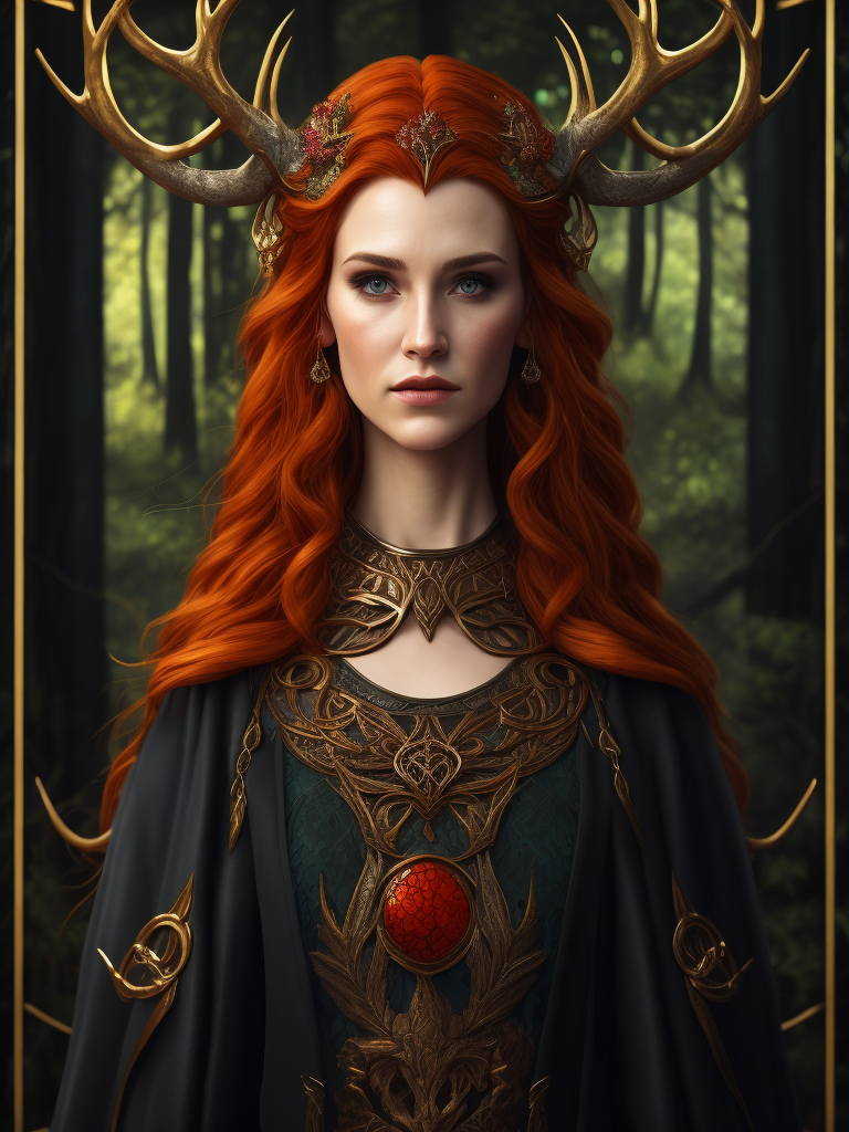 stained glass effect, celtic pagan red haired woman wearing antlers on her head, regal goddess, beautiful, in a forest, wearing ancient goddess robes with celtic embroidery, dark evening background, stained glass style