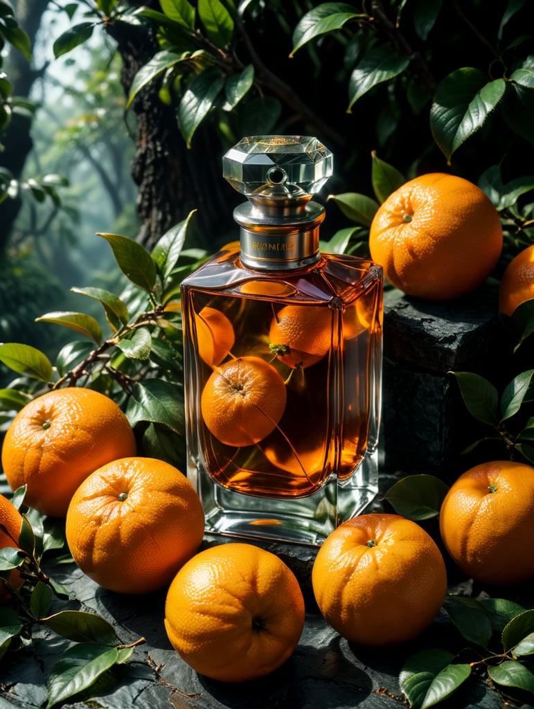 professional photography of a luxury perfume, orange fruits around, orange forest, green satin scarf, no label, clear, mockup