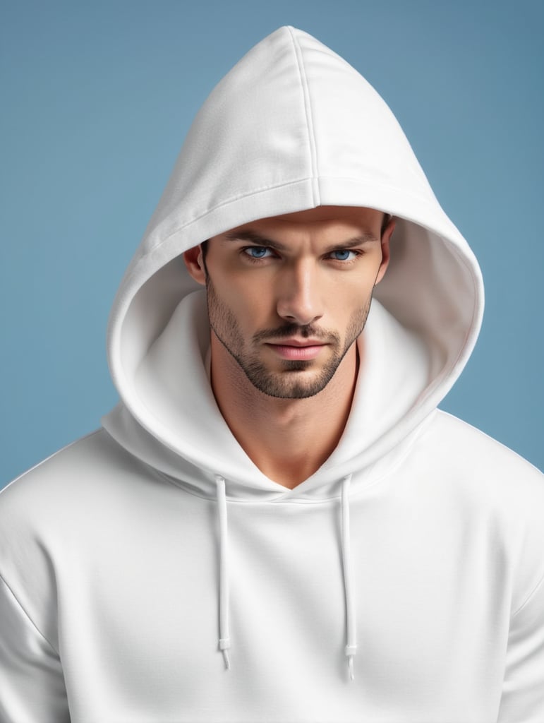 a man wearing blank white hoodie, isolated, blue background, style of Miles Aldridge, mockup, mock up