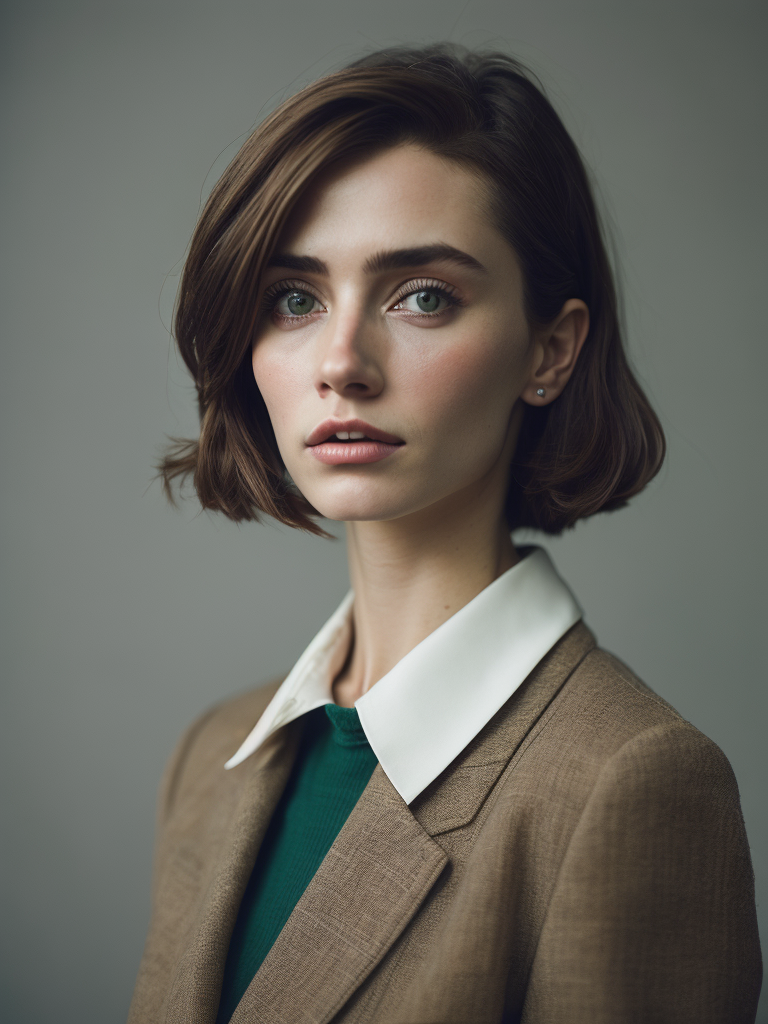 portrait of twenty years old girl with green eyes, 1964 year, sixties, 1960's haircut, Britain culture, light and pastel colours, 8k, kodak film colour, 35mm lens