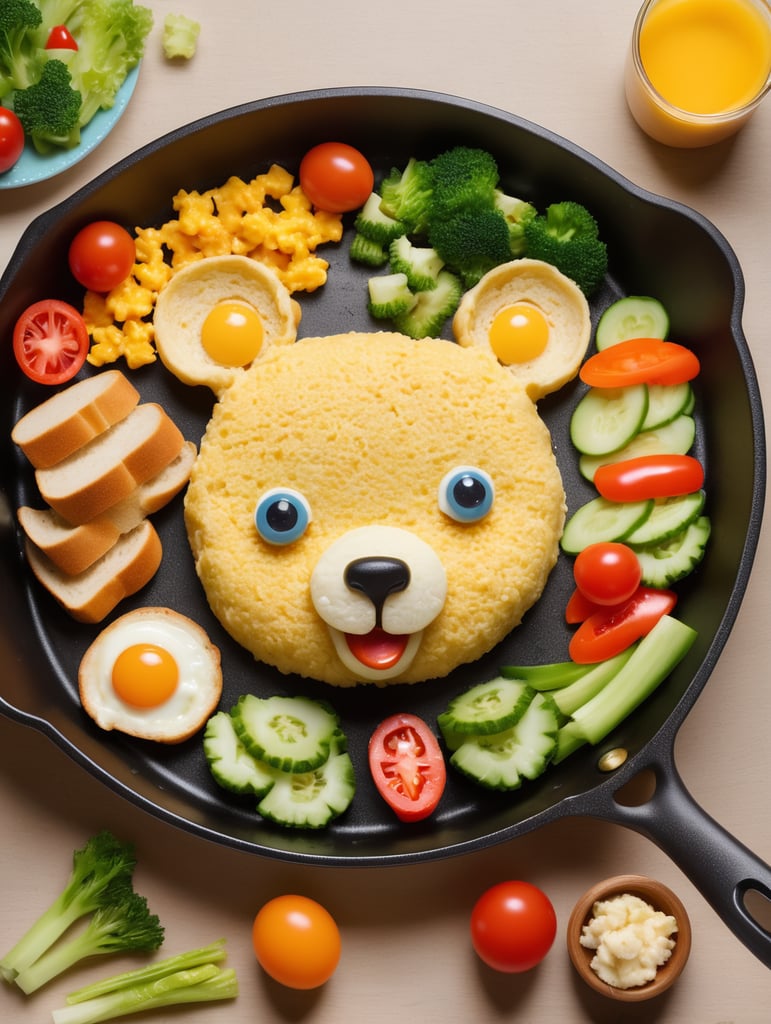 Children's breakfast in a frying pan, bear with ears cut out of a piece of bread dough, eyes consist of scrambled eggs, fresh vegetables, a little ketchup, cute Japanese style, rich texture