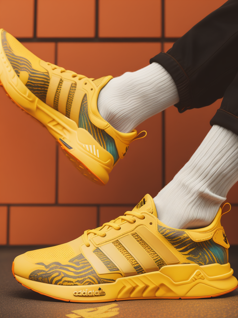 hyper realistic image of adidas hi-tech sports sneakers modern fashion, deep atmosphere, saturation, vibrance, sharp on details