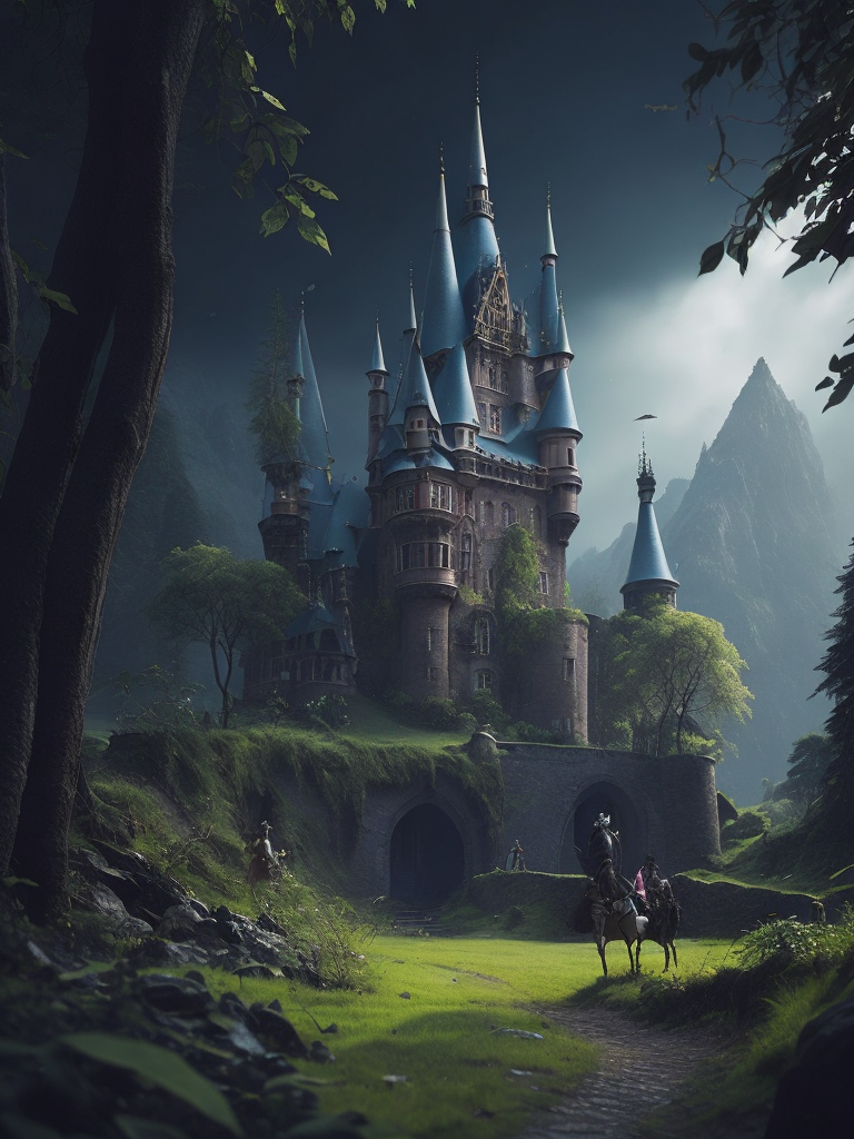 Create a whimsical fairy-tale scene with a castle, fairies, and a mystical forest