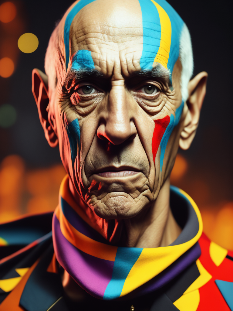 Portrait of Pablo Picasso, bright and saturated colors, elegant, highly detailed, vogue, fashion magazine, sharp focus, bright expressive makeup, dramatic lighting, depth of field, incredibly high detailed, blurred background'