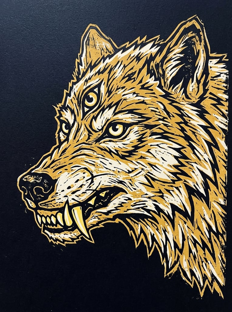 yellow and white multi-eyed wolf head profile, three eyes, long curved fangs, jagged fur, distressed block print style, heavy black outlines, solid black background