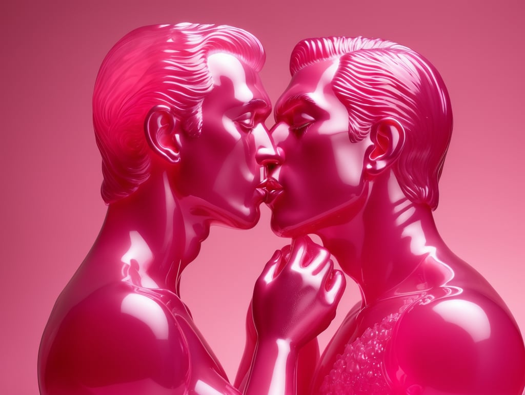 Kiss Art: Two pink translucent wax figures kissing each other, isolated, pink background