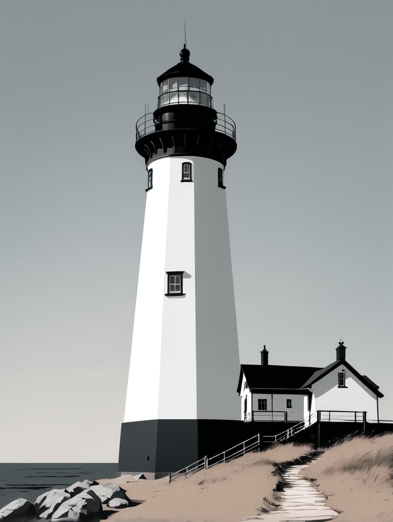 A lighthouse, black and white, comic-style