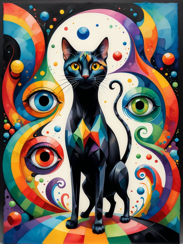 Minimalism background, cubist painting, watercolor, colorful, different shapes, asymmetric, black curved lines, displaced big eyes, one dancing slim tall cat, asymmetric faces, overlapped heads, style of Pablo Picasso. vibrant colors Candyland wonderland gouache swirls detailed