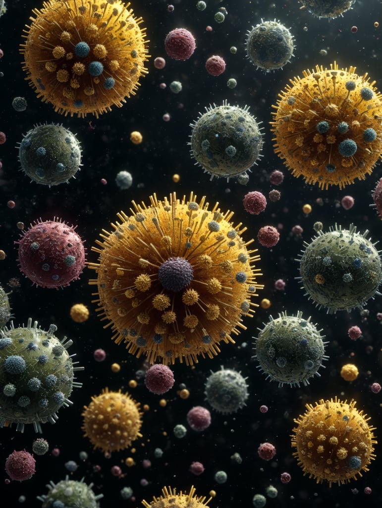 view of several microscopic round particles floating in the air such as viruses, pollen, bacteria