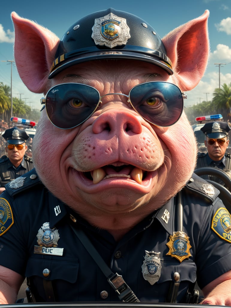 A angry pig police officer, sitting behind the wheel of a police car, close-up shot, sunglasses, clipart, stock photo