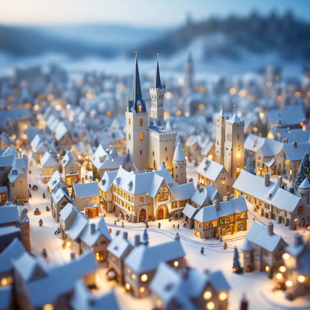 tilt shift photography of a Christmas medieval fantasy miniature city, depth of view, sunny, at night, snowy weather