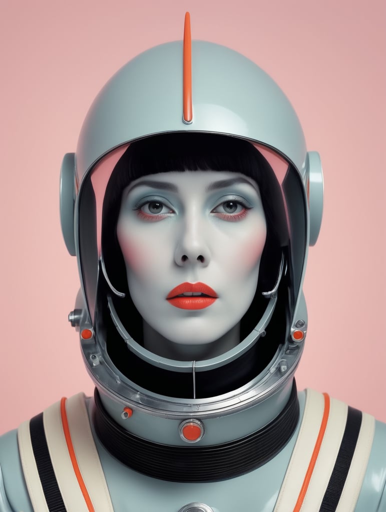 fashionable portrait of space rocket Scary ghost, frightening appearance, suffering, Soviet Union, pastel colors, Bauhaus forms, pale, vantablack, neon light, minimalistic design, futuristic, smooth forms, minimal details, givenchy, film still from Wes Anderson, photograph, vogue, photoreal, 200mm, HD, f 2.0, highly detailed, accurate, gray-tone