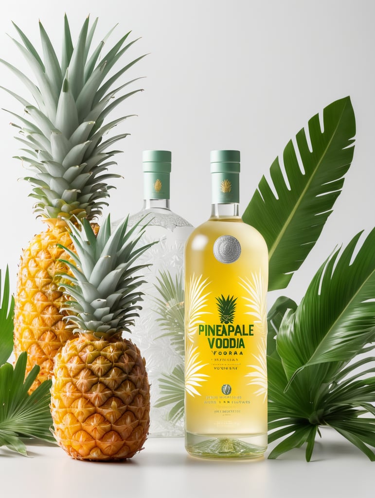 Packaging and branding for a pineapple vodka brand as if it had been designed by HI ESTUDIO with In a set design with pineapple, pineapple leaves.