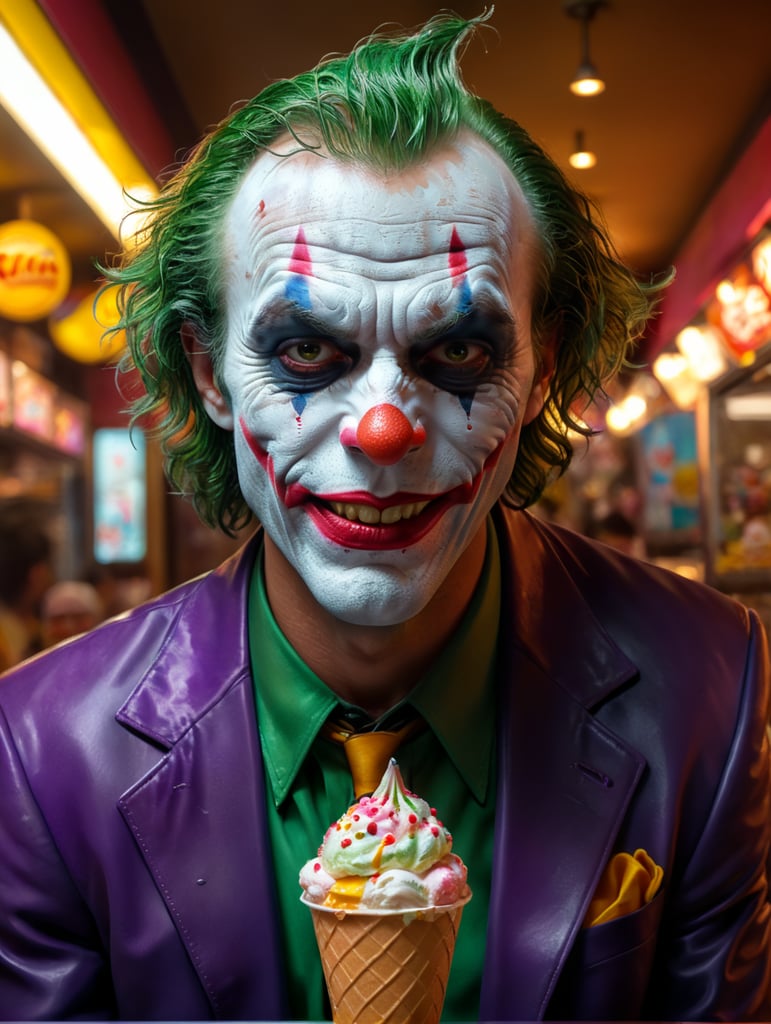 A portrait of the sad joker looking sad in an ice cream shop, in the style of a cartoon, bright and saturated colors, depth of field