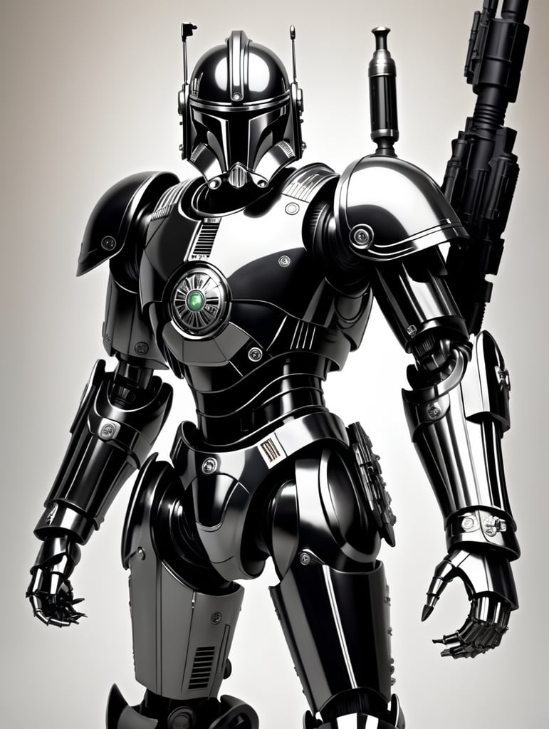 commando droid, star wars, full body, battle pose, shiny black and white armor, shiny silver light eyes