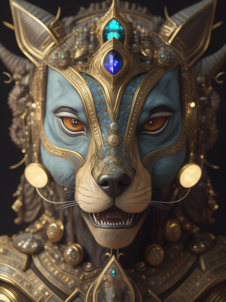 Masterpiece sculpture of an ornate bejeweled mechanical robot dog face, by annie swynnerton and diego rivera and nicholas roerich and jean delville, symbolist, dramatic lighting, god rays, elaborate geometric ornament, art brut, rich colors, smooth, sharp focus, extremely detailed, adolf wolfli and donato giancola