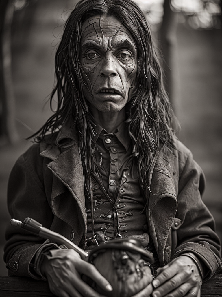 a wet plate photograph of a scary wooden Pinocchio with very long wooden nose and dark bob haircut, neutral emotions on his face