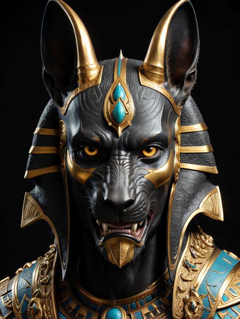 Egyptian god Anubis, portrait, hyper-realistic, dark style, focus on face, sharp on details, black background