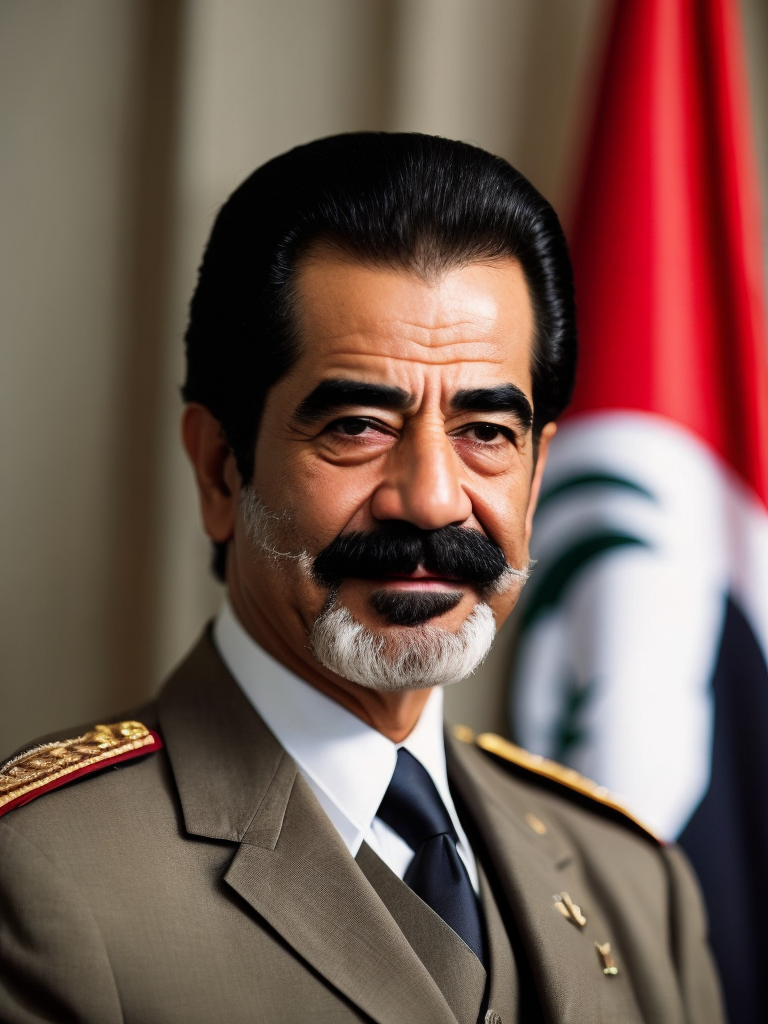 Portrait of Sadam Husein, Saddam Hussein was a prominent political figure who served as the President of Iraq from 1979 to 2003. He led Iraq through a period marked by conflict, both domestically and internationallyn, portrait in Iraq office, special atention of red sharp focus, highly detailed, photorealistic photoreal: 1.4, lifelike,highly detailed CG unified 8K,looking at the viewer smiling, (HQ skin:1.4), 8k uhd, dslr, soft lighting, high quality, film grain, Fujifilm XT3, smiling front camera. Saddam Hussein was the President of Iraq from 1979 to 2003. He was known for his distinctive physical appearance. Here's a description of his physical attributes: Saddam Hussein was of average height, standing around 6 feet (183 cm) tall. He had a stout build and often appeared in military uniforms or traditional Arab attire. He had a mustache and typically kept his hair closely cropped. His facial features included a prominent nose and dark eyes. Throughout his rule, Saddam Hussein was often seen wearing milita