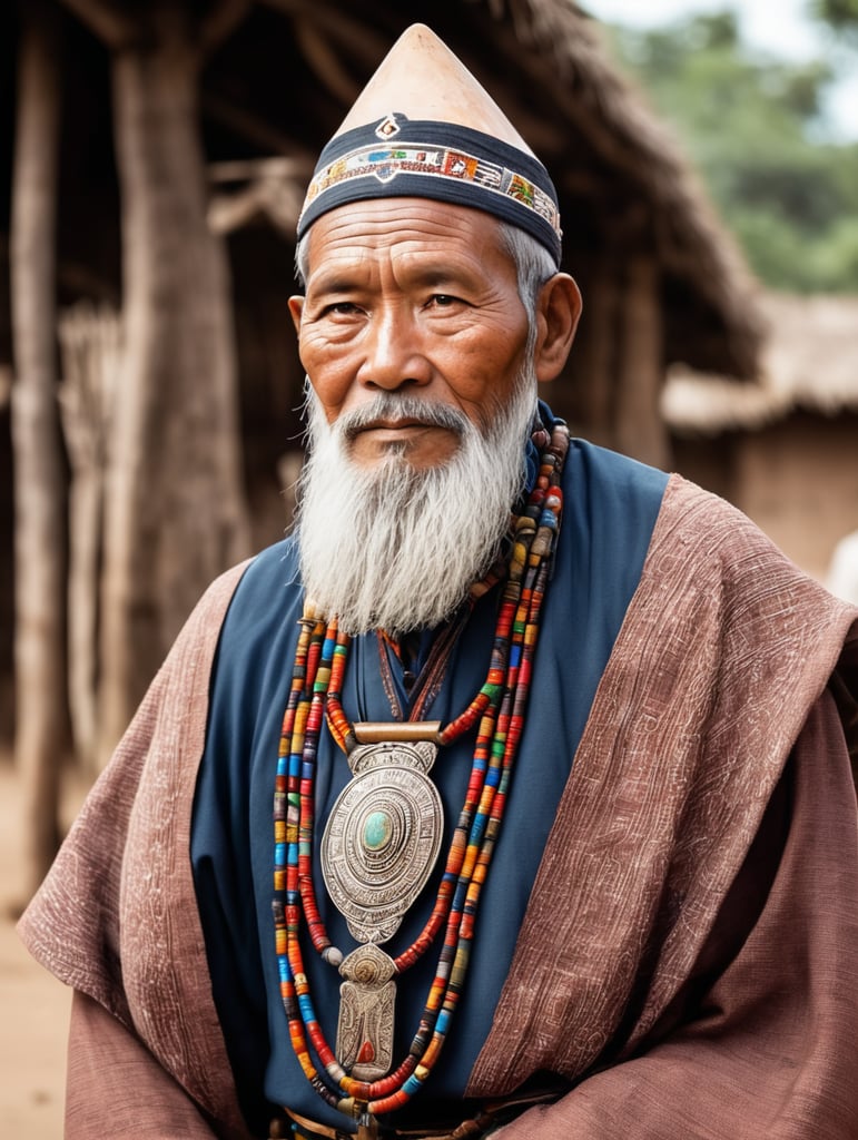 Starszy wódz wioski emanuje mądrością i doświadczeniem, stanowiąc nie tylko przywódcę, ale także przewodnika dla swojego ludu. Jego siwe włosy opadające na ramiona i broda zdobią jego twarz, wyrażając godność i szacunek. Jego oczy, głęboko osadzone w zmarszczkach, ukazują bogactwo przeżytych lat. Ubierając się w tradycyjne stroje wioski, wódz nosi płaszcz z ręcznie tkanej tkaniny, ozdobiony wzorami nawiązującymi do historii i kultury społeczności. Na szyi ma naszyjnik z kolorowymi kamieniami, które opowiadają o dziejach wioski i jej ludzi. W ręku dzierży laskę zrobioną z lokalnego drewna, będącą zarówno symbolem władzy, jak i narzędziem do prowadzenia rady wioski. Jego kroki są pewne, a mimo wieku w jego postawie widać siłę i zdolność do przewodzenia. Wódz jest nie tylko obrońcą tradycji, ale również opiekunem, gotowym podzielić się swoją mądrością z młodszym pokoleniem, by zachować spójność i jedność społeczności.