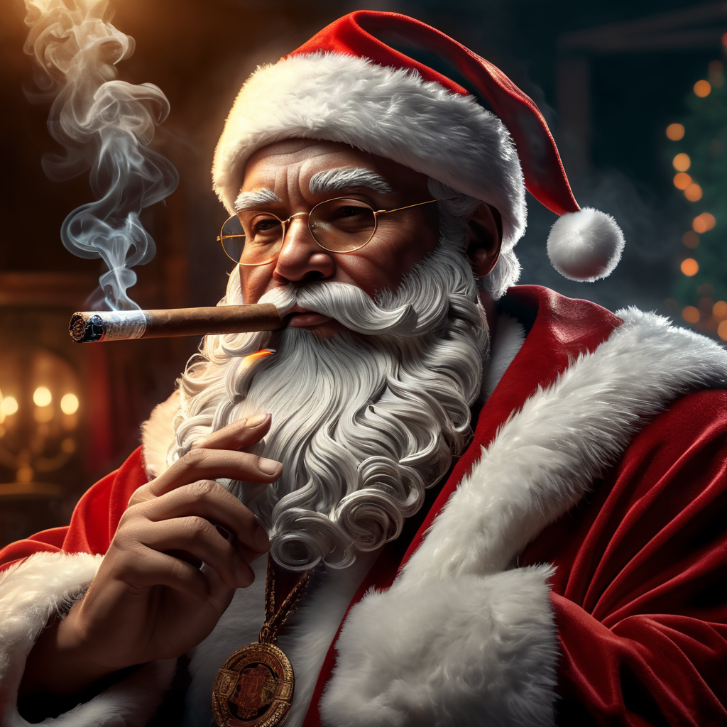 Santa Claus As A Gangsta, Smoking Cigar, dramatic Lighting 4k ultra Ray tracing, Highest quality