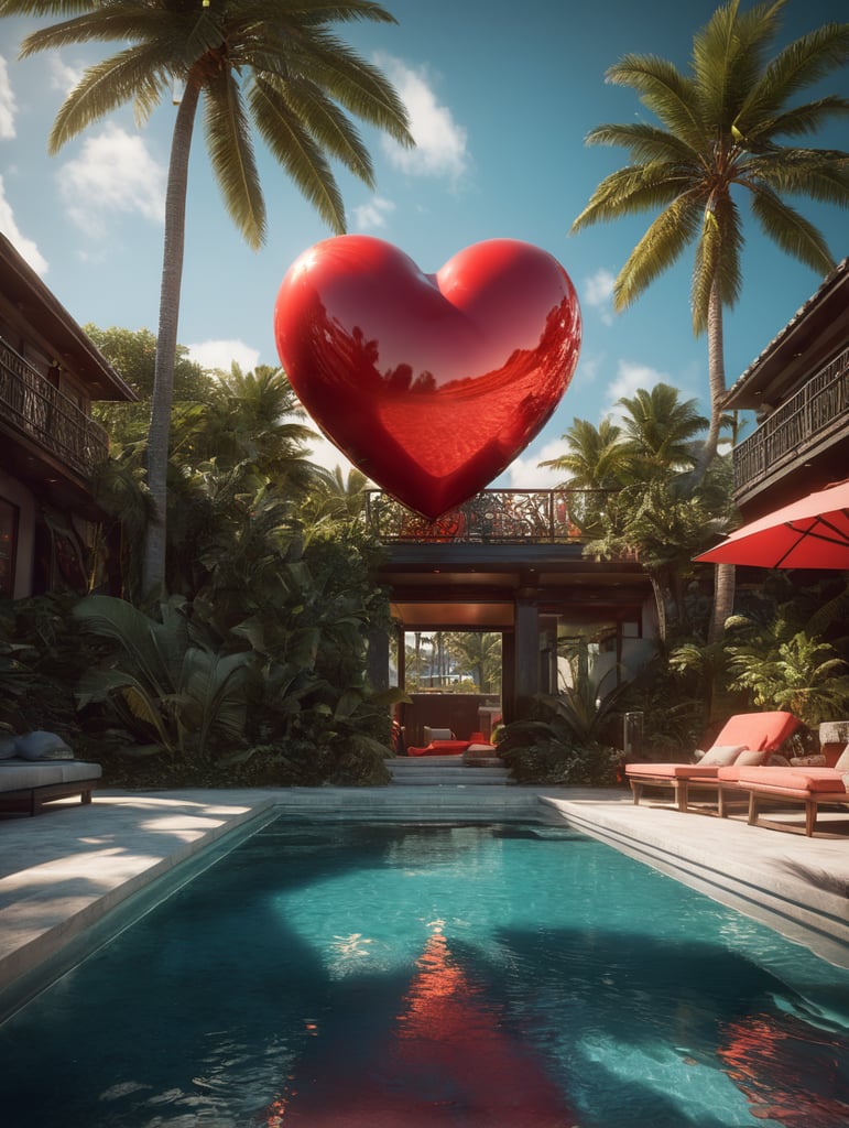 hyper realistic pool float in shape of red heart, miami beach, unreal engine, octane render, cinematic lighting, highly detailed miami beach, y2k, bright colors, hyperrealistic, low angle, 16k, 8K UHD, 8K texture, cinematic, rim lighting, neon palette, color theory, dramatic, volumetric lighting, 35 mm, in focus, unreal engine, highly detailed, octane render, ultra high resolution