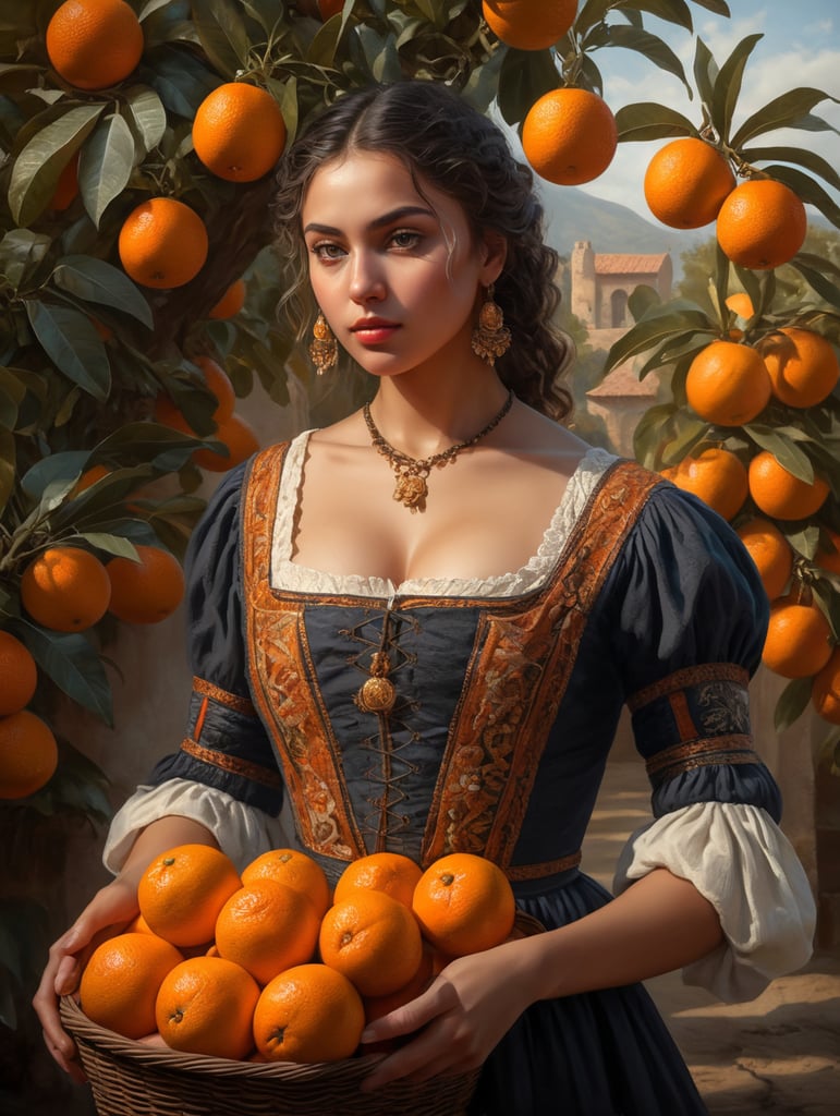 Portrait of a young, dark and beautiful Italian girl growing oranges from Sicily in 17th century Italian folk peasant clothing with a plunging neckline and full breasts, dramatic lighting, depth of field, orange trees in the background. Oranges should have a beautiful, even structure. Incredibly high detail holding fresh oranges in hand