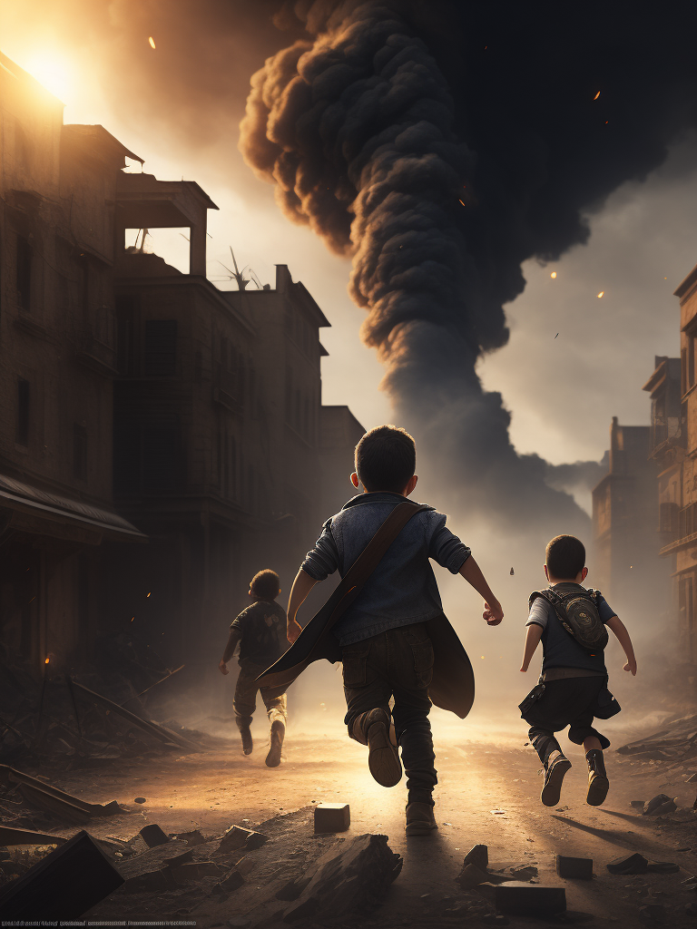 hyper-realistic, ultra-detailed of a syria kids running from big explosions of the house in the background, depth of field, sunlight fractal details, depth of field, HOF, hall of fame, apocalyptic environment, trending on Artstation, 64k, ultra-detailed, ultra-accurate detailed, surrealism, dark, dust, sparks, apocalypse
