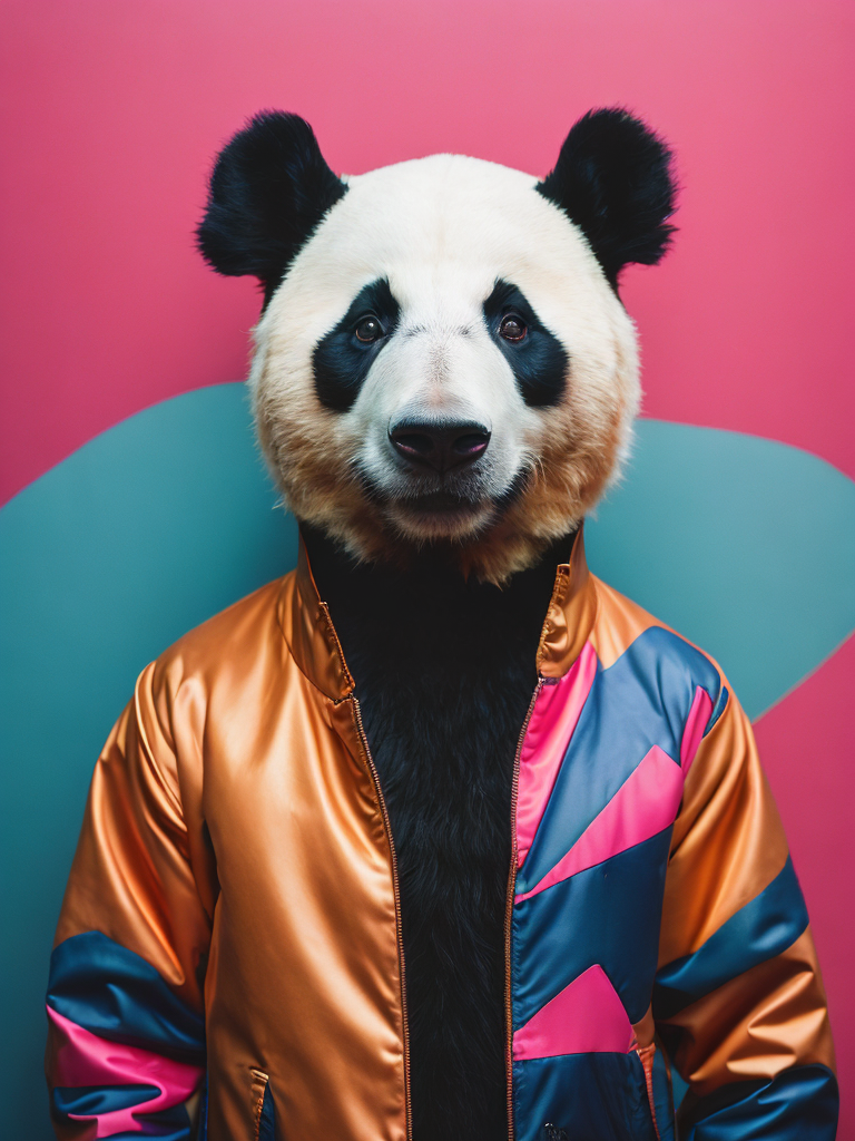 Portrait of a panda dressed in a colorful oversized jacket, Vivid saturated colors, Contrast color, studio photo, professional photo, Rich colors, Detailed image, detailed face