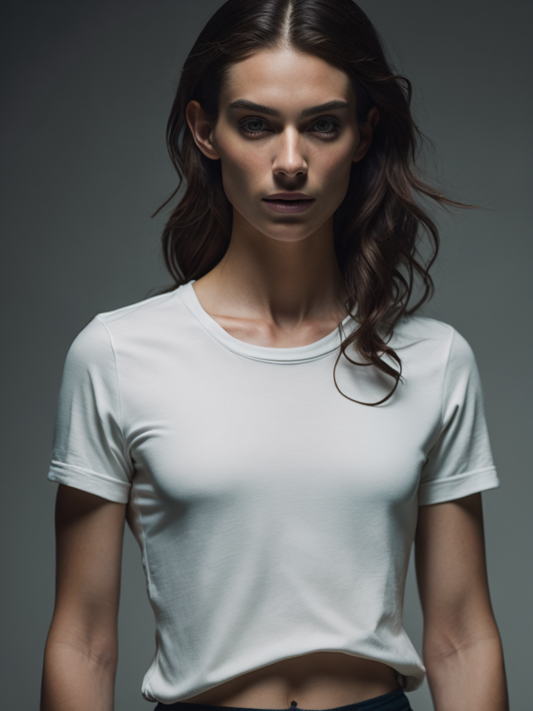 a torso of a man wearing a white t-shirt, front view, grey background