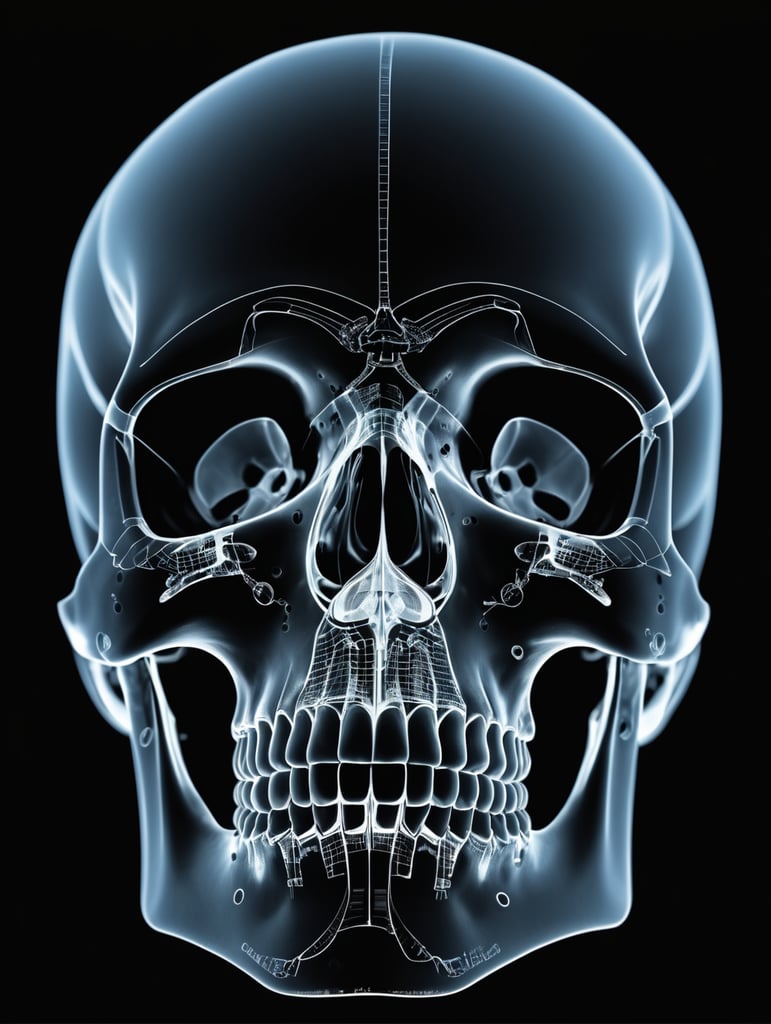 X-ray of a smiling skull, black background