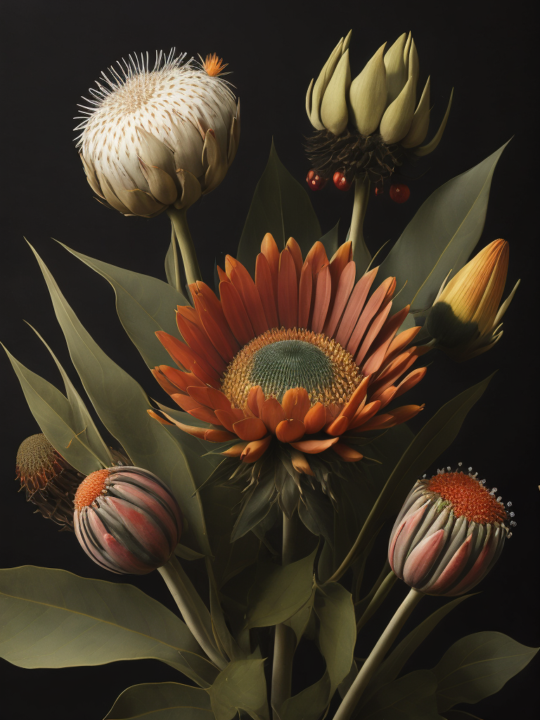 Detailed king proteas and pincushions against a black backdrop by martin johnson heade, artstation