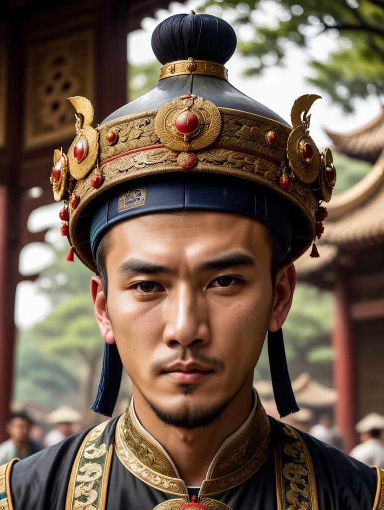 The emperor of the Ming Dynasty (face of a young man) has round eyes, legs crossed, and a Zhuang Yuan hat on his head