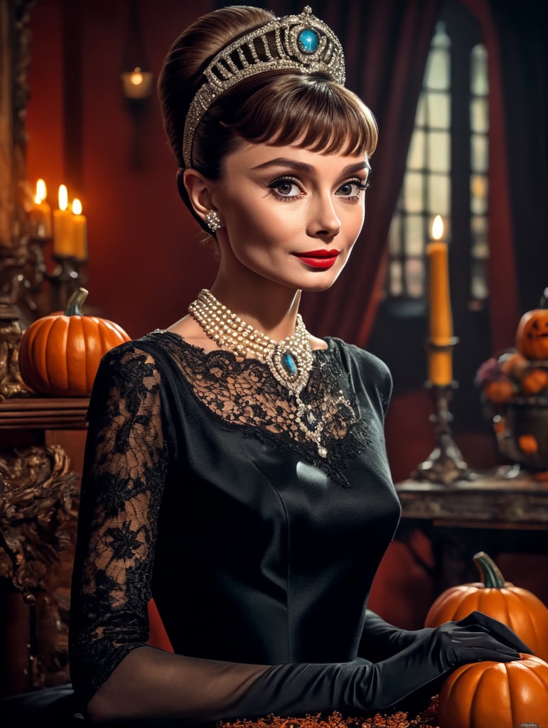 Audrey Hepburn in Halloween costume, Vivid saturated colors, Contrast color