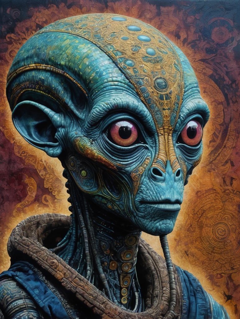 Portrait of an alien, batik, intricate details, surreal, Alien, Cyberpunk Trashcore Style, s 1000