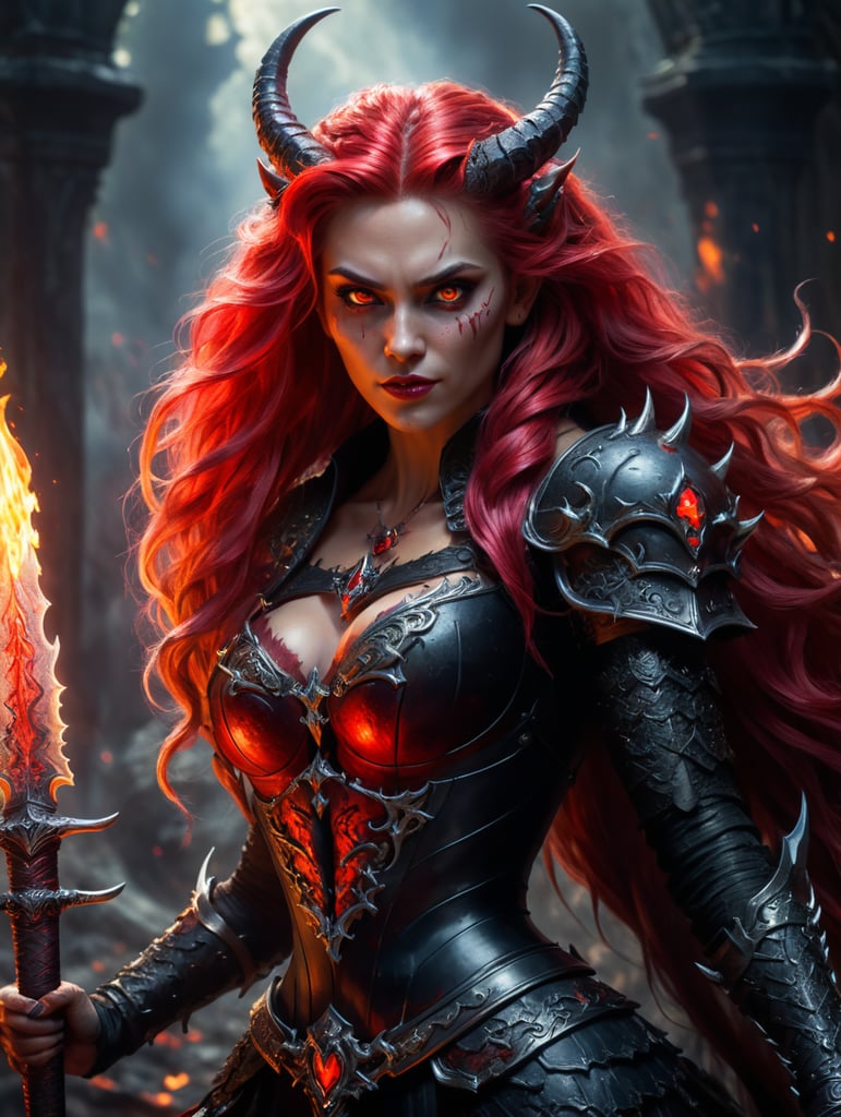 devil rapunzel fire hair red eyes scales on body horns fangs knife sword