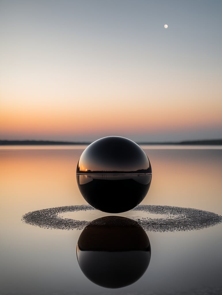 minimal, simple black sphere floating reflecting on water, just the horizon on the background