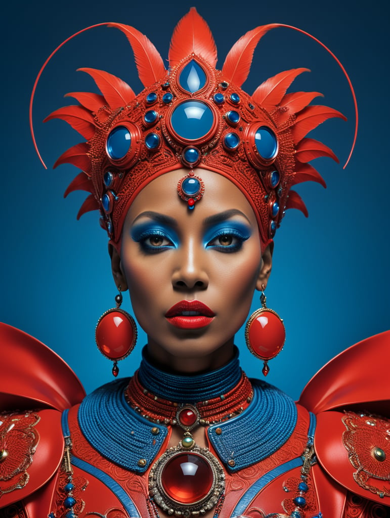 Donyale luna, avant-garde, simplygo, photoshoot spread, dressed in all red, blue background, harpers bizarre, cover, headshot, hyper realistic