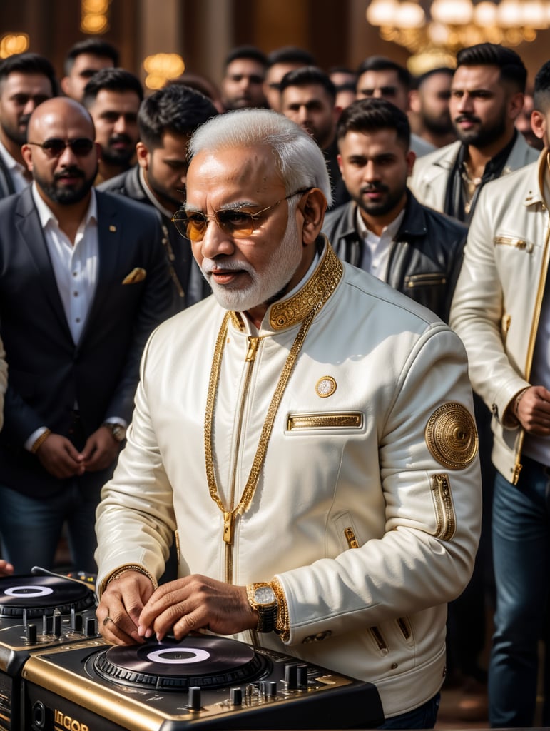 Narendra Modi playing dj set, white leather jacket and gold chain, hall full of people having fun in the background, ultra realism, super detailed
