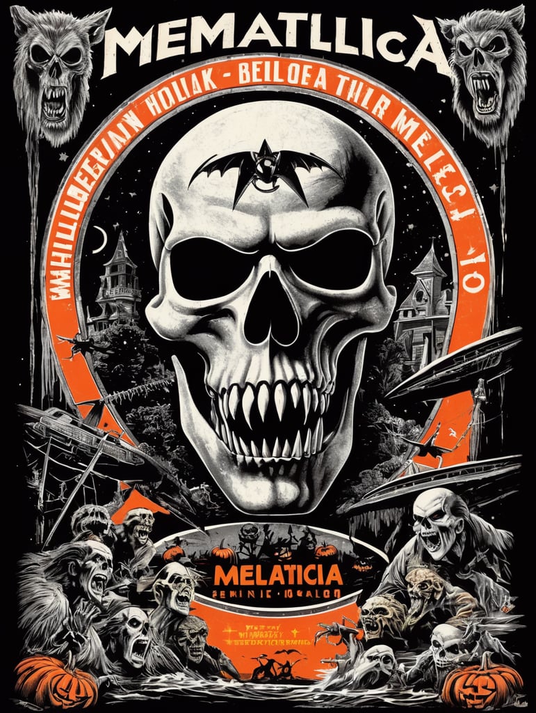 1950's b-movie horror halloween t-shirt print design featuring METALLICA BRAND LOGO