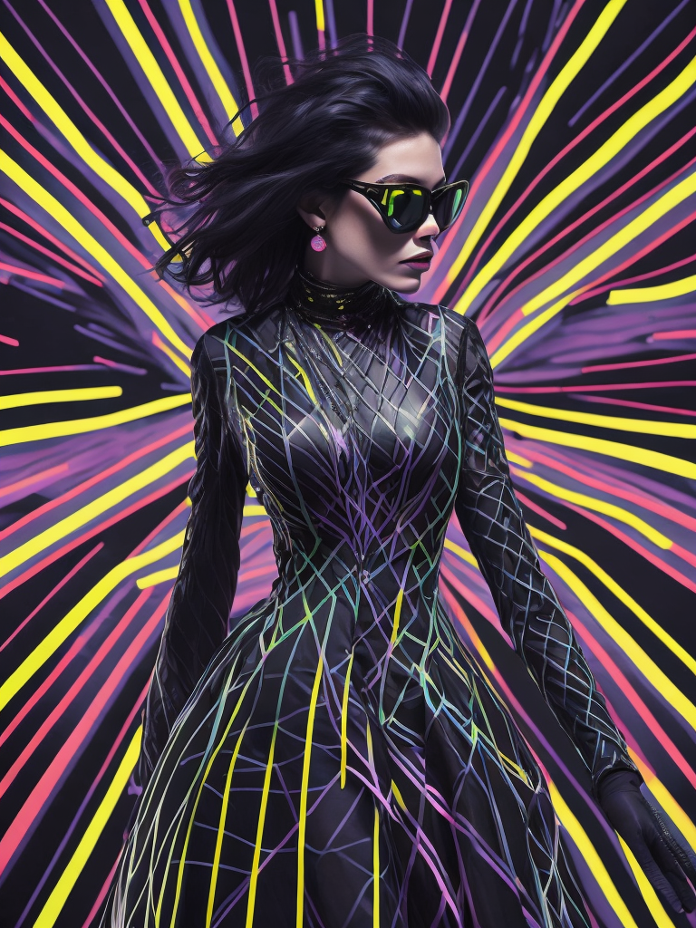 ultra sharp, fashion photoshoot, gothic, style of Alex Ross, futuristic fashionista dress made of rainbow DMT fibonacci grid patterns, shot on x-ray infrared film, bugeye sunglasses