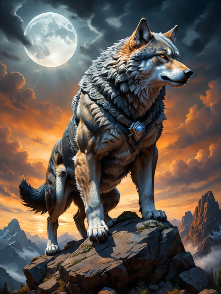 A heroic figure personified as an alpha wolf, commanding in posture and respect-inspiring, standing atop a rocky peak under the twilight sky. His eyes should gleam with intelligence and leadership. His fur is luxurious and dense, tinted with shades of silver and black, reflecting the moonlight. He's muscular and strong, yet he radiates a stoic calmness which is humbling. Around him, younger wolves gather in admiration and deference, looking up to their Alpha with immense respect.