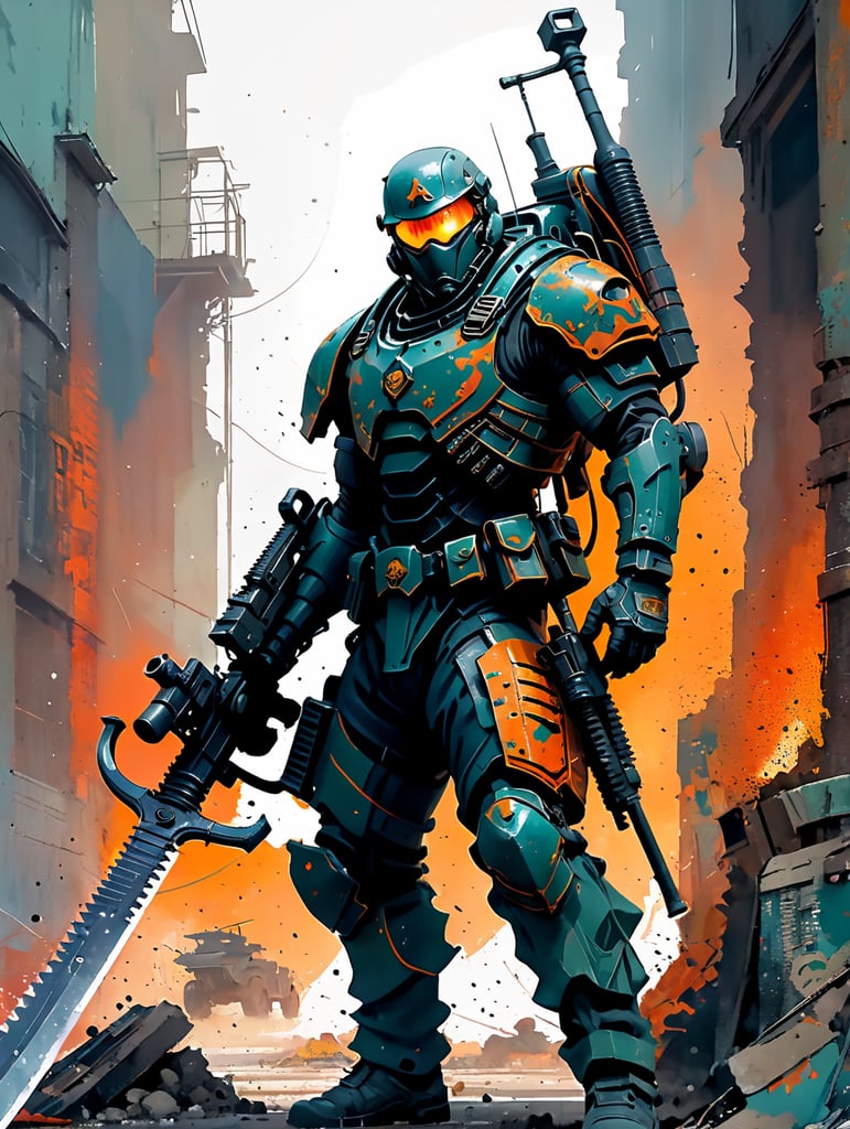 illustration soldier holding heavy machine gun and scythe